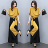 Women Elegant Bow Knot Half Sleeve Solid Color Chiffon Blouse And Wide Leg Pants Office Chic Set