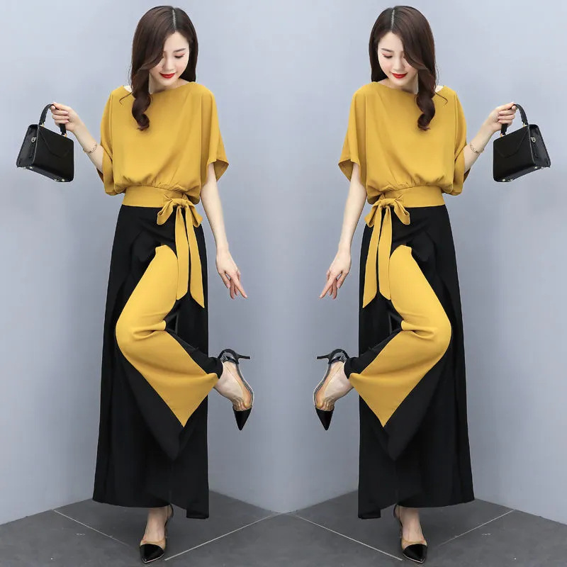 Women Elegant Bow Knot Half Sleeve Solid Color Chiffon Blouse And Wide Leg Pants Office Chic Set