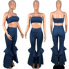 Sexy Women Tube Top Flared Jeans Two-Piece Denim Set