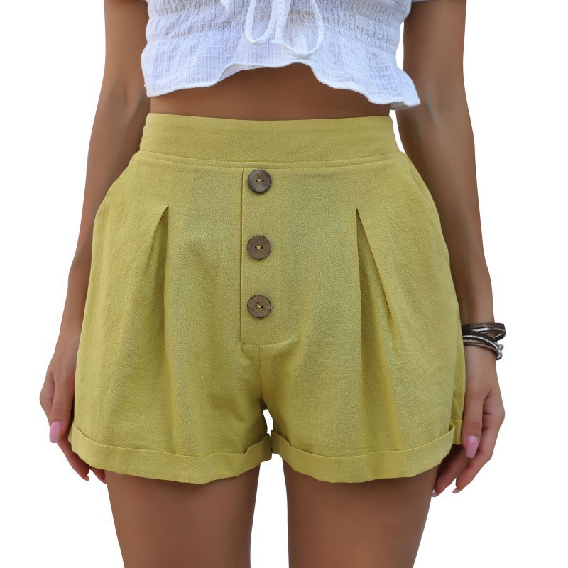 Women'S Fashion Casual Basic Cotton Linen Solid Color Elastic Waist Wide Leg Shorts