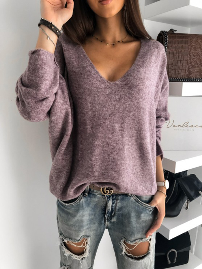 Women Fashion Casual Simple Solid Color V-Neck Pullover Knitted Sweater