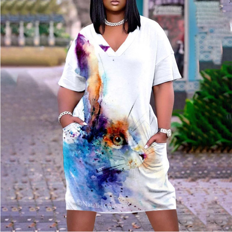 Women Casual Loose Multicolor Printed V-Neck Short-Sleeve Mid-Length Dress