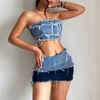 Fashion Women Sexy Street Style Raw Hem Denim Tube Top And Skirt Set