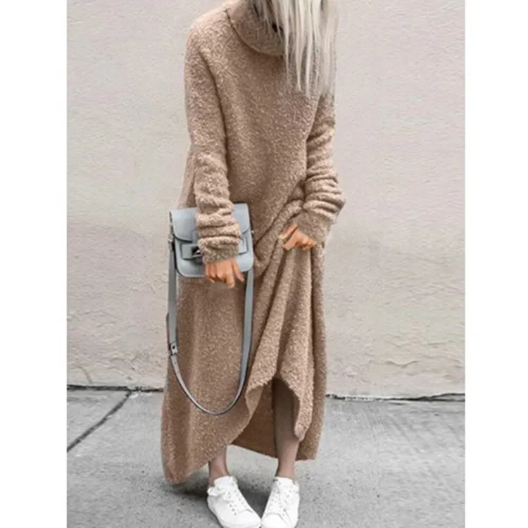 WomenAutumn And Winter Fashion Casual Plush Solid Color High Collar Long Sleeve Maxi Dress