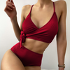 Women Fashion Solid Color Side Ties High Waist Swimsuit Set