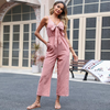 Women Bow V-Neck Cotton And Linen Solid Color Jumpsuit