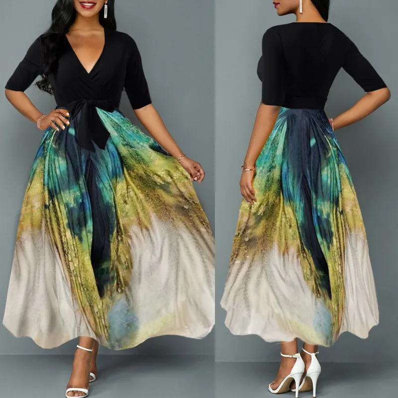 Women Ramadan /Eid Fashion Casual Elegant V-Neck Printed Maxi Dress