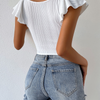 Petal Sleeve Fashion Solid Color Women Round Neck Basic Rib-Knit Top