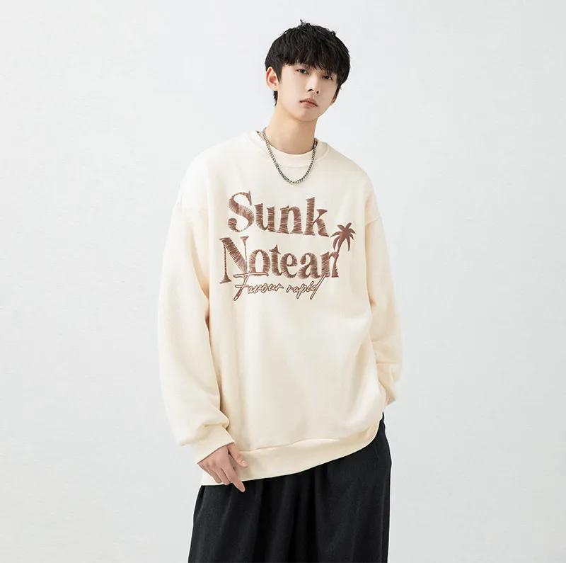 Men'S Fashion Retro Long Sleeve Round Neck Letter Print Loose Sweatshirt