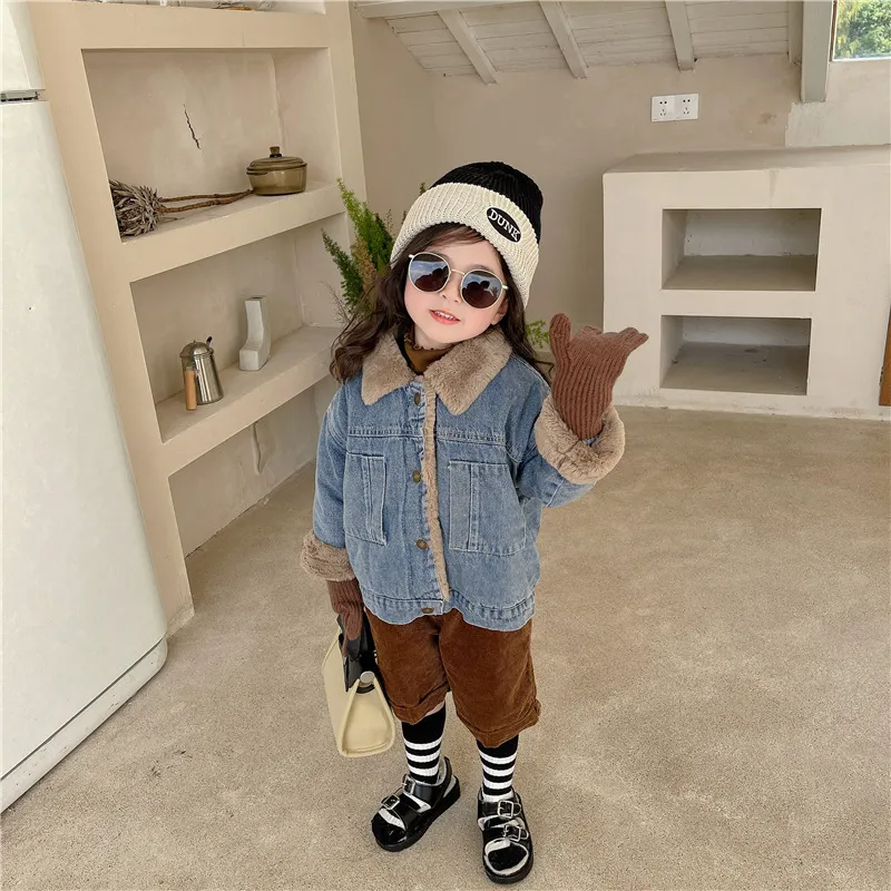 Kids Toddler Girls Boys Autumn Winter Fashion Casual Cute Solid Color Woollining Lapel Denim Coat