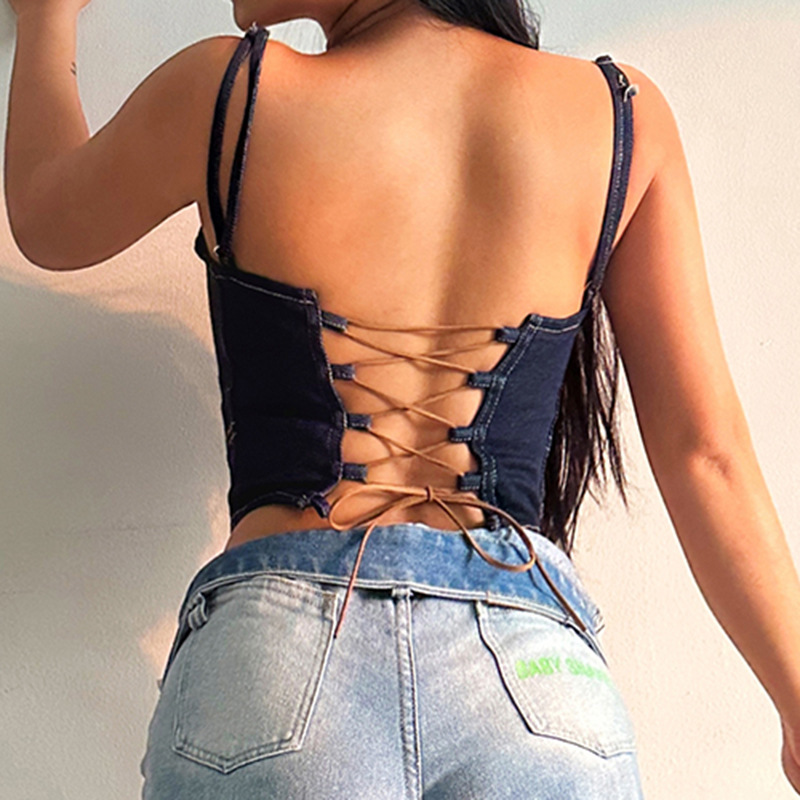 Women'S Fashion Edgy Backless Bandage Skinny Slip Denim Top