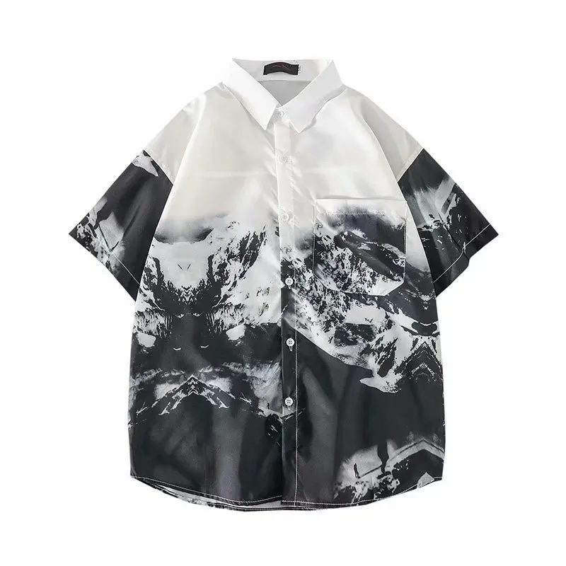 Men Fashionable Short Sleeve Lapel Single-Breasted Snow Mountain Printed Shirt