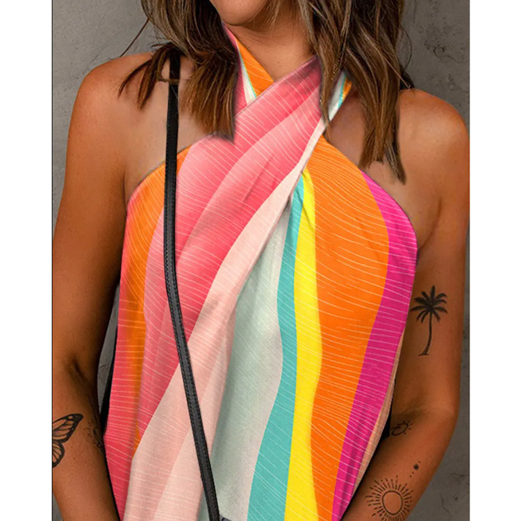 Women Fashion Summer Loose Rainbow Stripe Floral Printed Halter Top