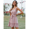 Women Fasion Casual Vacation Stone Print Ruffled Lace-Up Defined Waist Sleeveless Dress