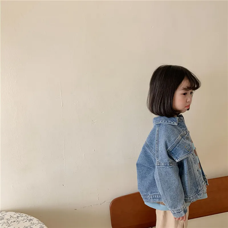 Kids Casual Solid Color Long Sleeve Single-Breasted Lapel All-Match Denim Coat