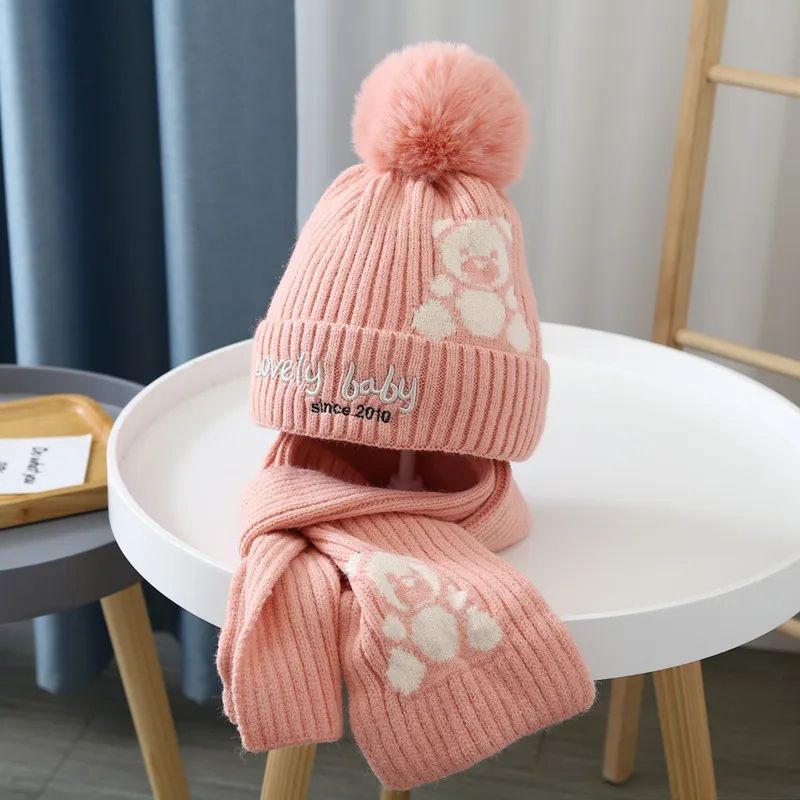 Kids Unisex Autumn Winter Fashion Casual Cute Solid Color Letter Carto Bear Hat Scarf Two-Piece Set