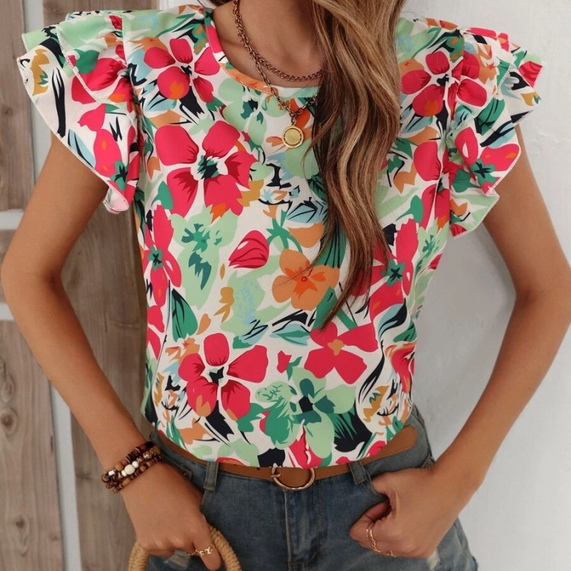 Fashion Women Summer Vacation Floral Print Double Layer Ruffled Short-Sleeved Blouse