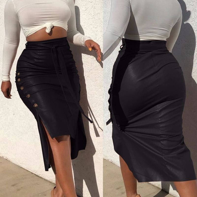 Women Simple Solid Color Slit Slim Tie Mid-Length Pu Skirt