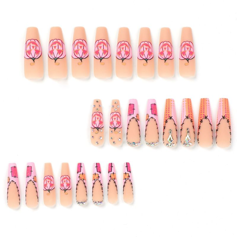 ( Buy 1 Get 1 ) Women Fashion Halloween Frosted Pink Pumpkin Rhinestone Polka Dot Wearable False Nails