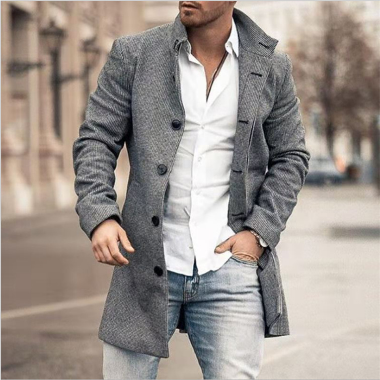 Men Fashion Plaid Wool Stand Collar Mid-Length Coat