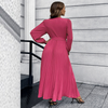 Women Fashion Casual Elegant Solid Color V-Neck Lace-Up Long-Sleeved Creased Mid-Length Dress