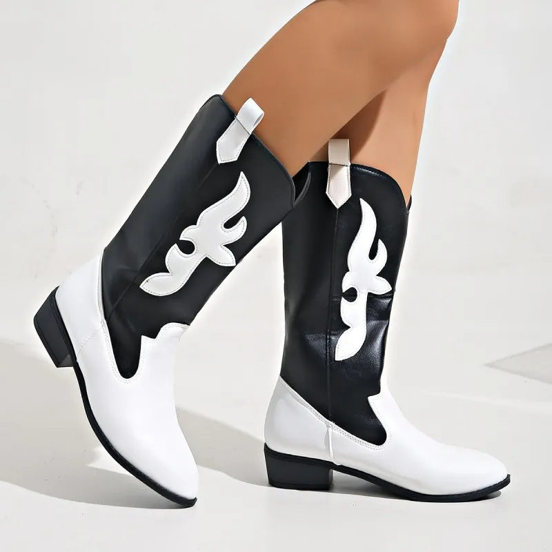 Women Fashion Plus Size Geometric Stitching Point Toe Knights Mid-Calf Boots