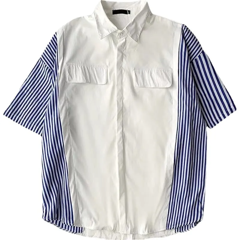 Men Creative Splicing Lapel Single-Breasted Design Striped Half-Sleeved Shirt