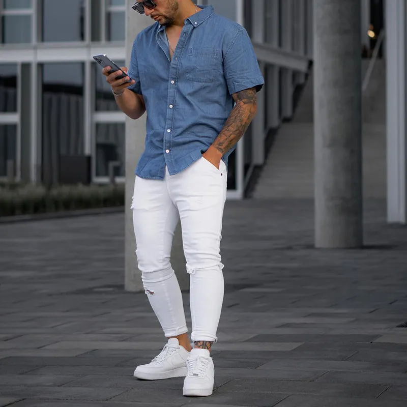 Men'S Fashion Solid Color Imitation Denim Short Sleeve Loose Shirt