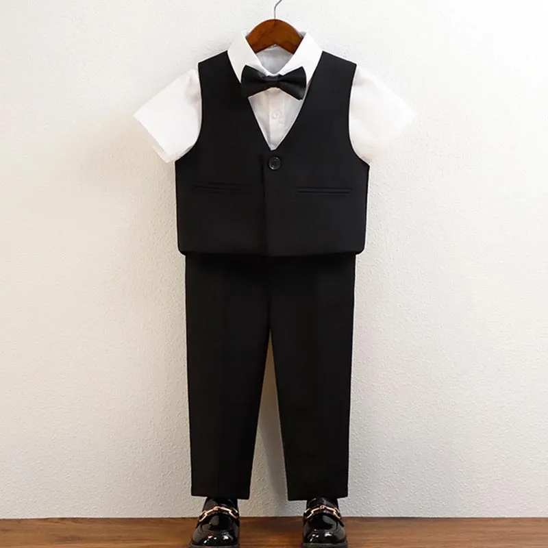 Kids Toddler Big Boys Summer Fashion Casual British Style Solid Color Bow Button Waistcoat Shirt Trousers Party Clothing Set