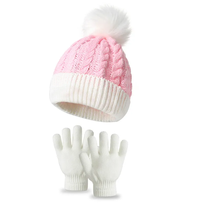 (Buy 1 Get 1) Kids Casual Cute Christmas Fur Ball Color Matching Knitwear Gloves Hat Sets