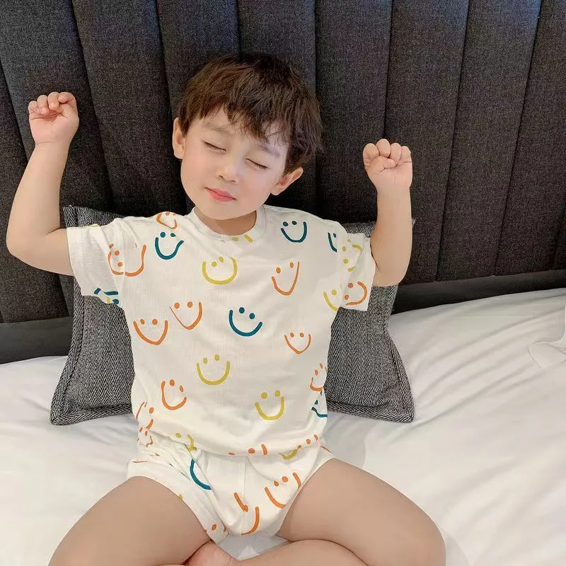 (Buy 1 Get 1)  Children Kids Baby Fashion Girls Boys Short Sleeve Cartoon Print Top And Short 2pcs Pajamas Set