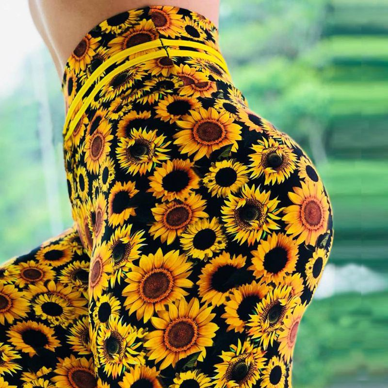 Sunflower Print High-Waisted Sports Leggings Pants