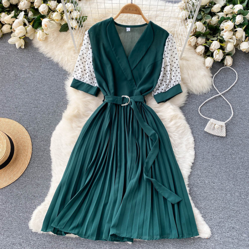 Women Casual Elegant Dot Printed Short Sleeves V-Neck Waist Belt Creased Mid-Length Dress