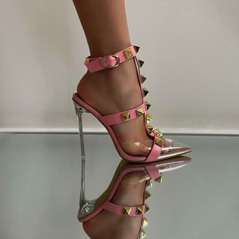 Women Sexy Rivet Decorative Buckle Design Pointed Open Toetransparent Stiletto Sandals