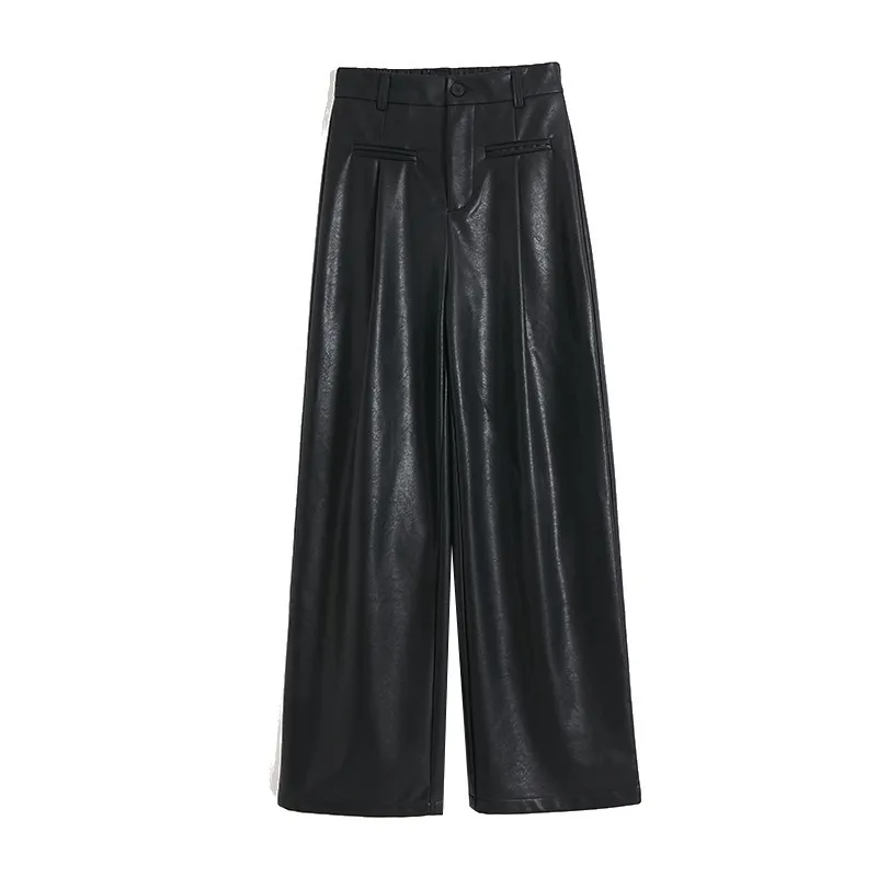 Women Fashion Casual Loose PU Wide Leg Pants