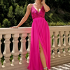 Elegant Women Fashion Sequin Decor Deep V Side Slit Mesh Maxi Party Evening Dress