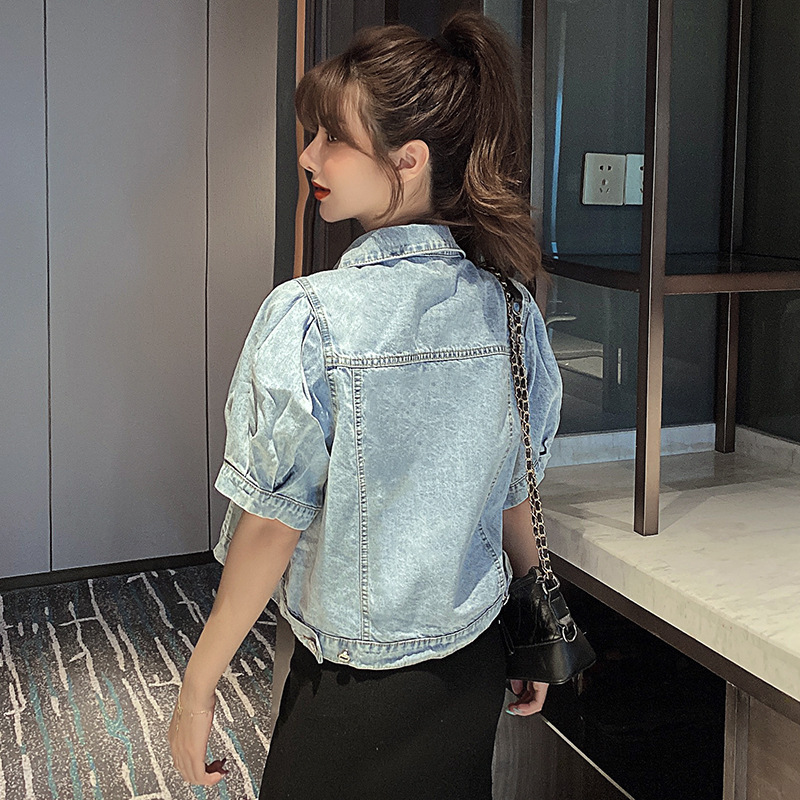 Women'S Fashion Puff Sleeve Short Sleeve Lapel Cropped Denim Jacket