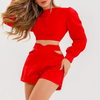 Women Fashion Elegant Solid Color Long Sleeve Crop Blouse Hollow Out High Waist Shorts Fashion Casual Set