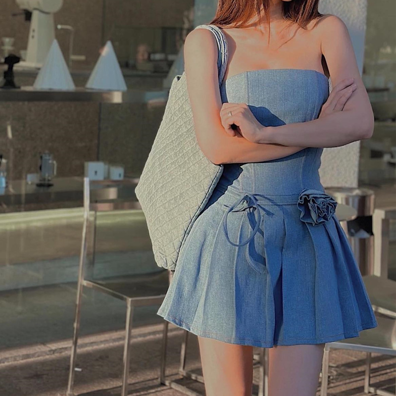 Women'S Fashion Sexy Boat Neck Tube Denim Pleated Skirt