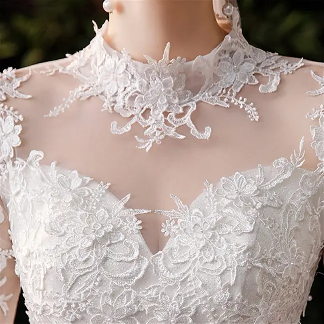 Women Elegant Stand Collar Crochet Hollow Out Lace Wedding Gown