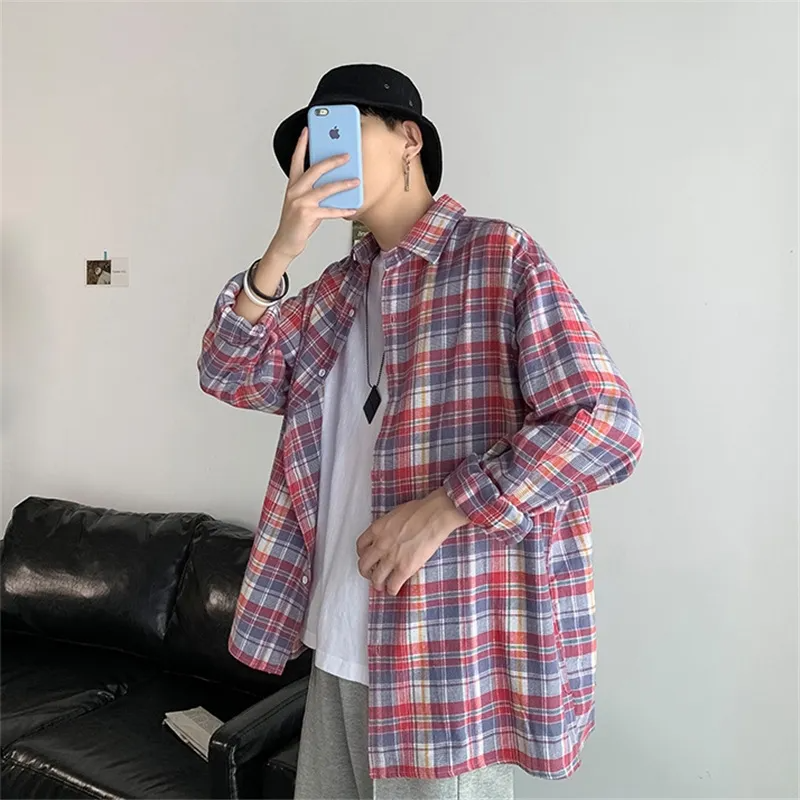 Men Casual Loose Lapel Single-Breasted Design Plaid Half-Sleeved Shirt