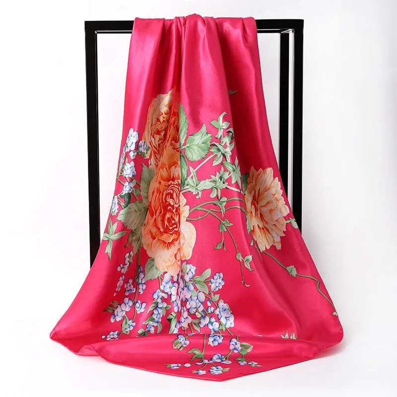 (Buy 1 Get 1) 90*90Cm Women'S Fashion Floral Print Imitation Silk Scarf Scarf Shawl