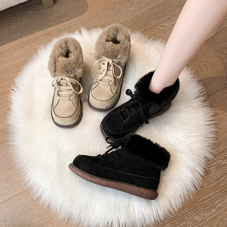 Winter Women Fashion Lace-Up Velvet Warm Solid Color Round Toe Flat Snow Boots