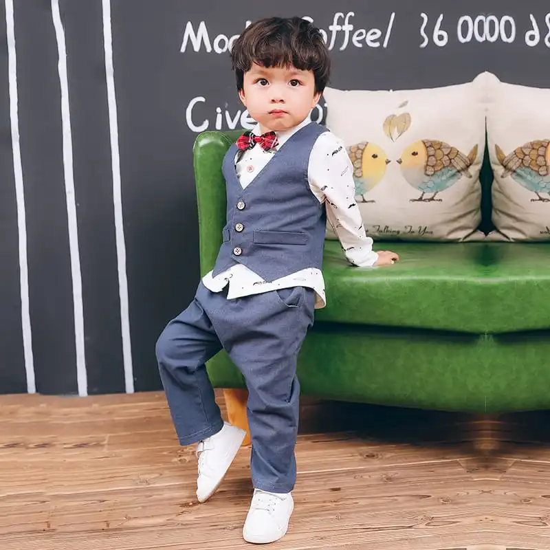 Boys Moustache Pattern Lapel Shirt Single-Breasted Vest And Pants Set