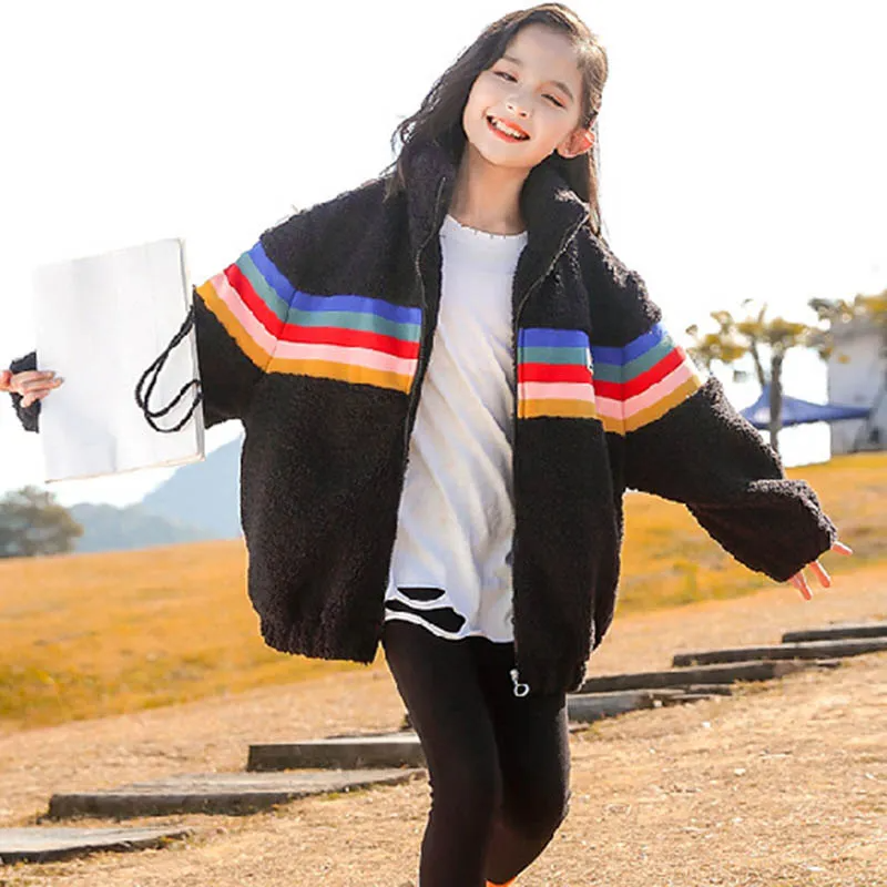 Kids Toddler Big Girls Autumn Winter Casual Cute Rainbow Color Lamb Zipper Stand Collar Long Sleeve Coat