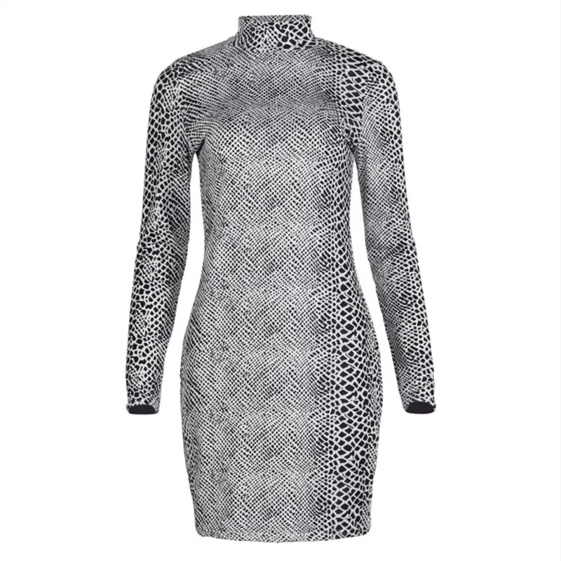 Turtleneck Long-Sleeve Animal Print Bodycon Dress