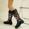 Women Fashion Plus Size Ethnic Style Floral Embroidery Belt Buckle Round Toe High Boots