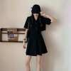 Summer Fashion Young Women All Black Short Sleeve Blazer And Pleated Skirt Set