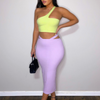 Women One Shoulder Crop Tank Tops Pencil Midi Skirt Two Piece Set Suit