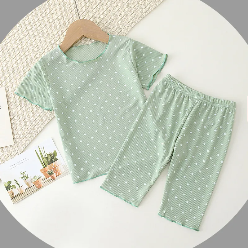 Girls Casual Round Neck Short Sleeve Polka Dot Top And Pants Pajama Set